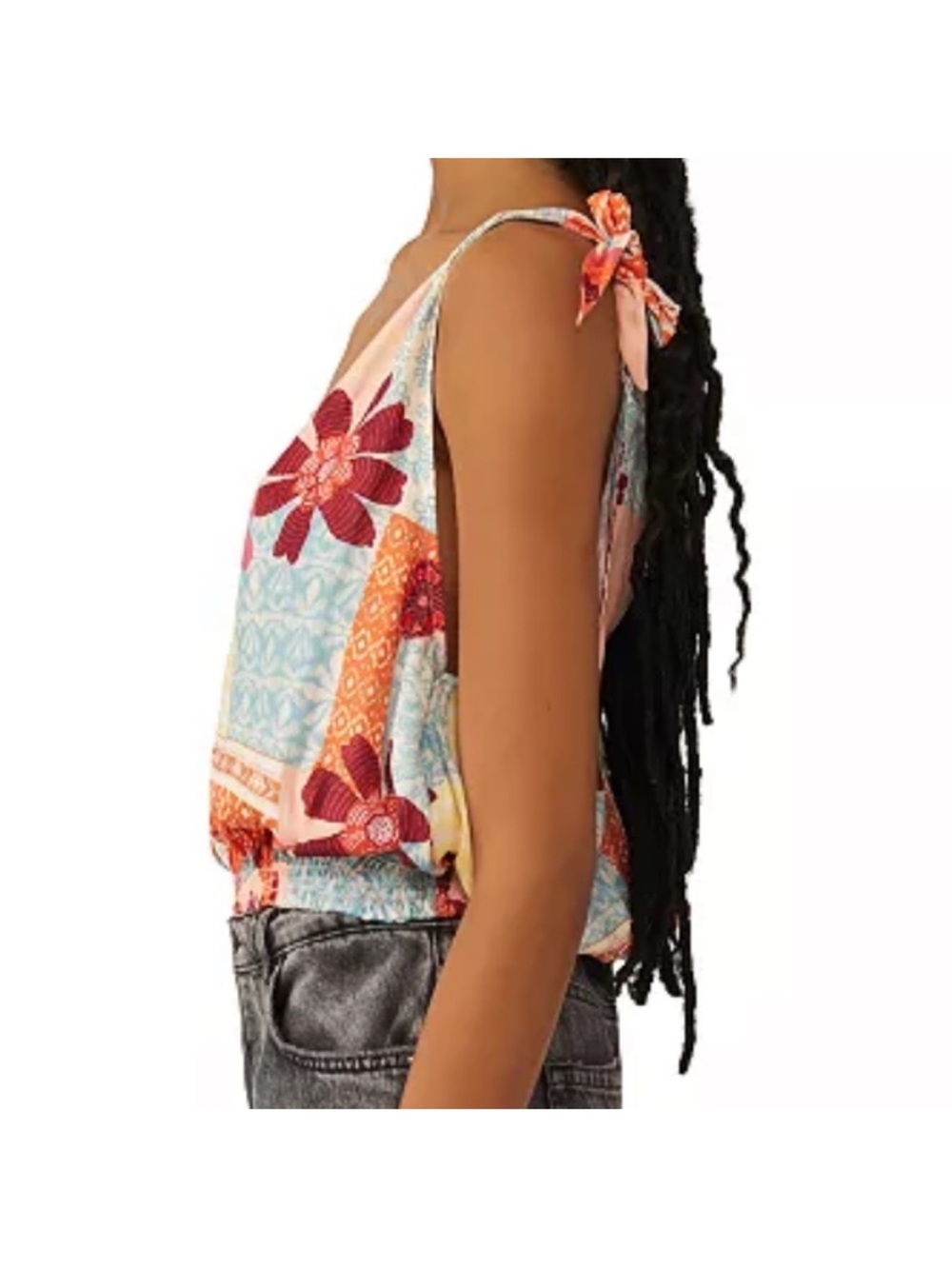 Free People Large Top Tied To You Tank in Tropical Combo VNeck cinch waist NWT - Picture 5 of 7